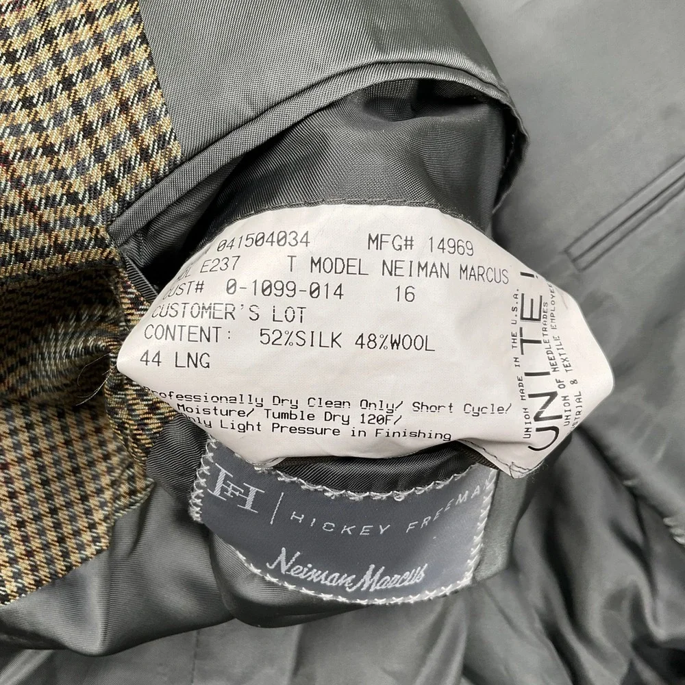 Hickey‎ Freeman Blazer Mens 44L Brown Gray Houndstooth Jacket Neimen Marcus